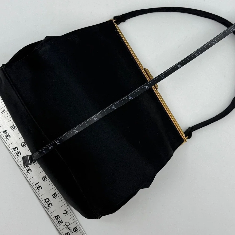 VTG Koret Black Satin Evening Bag Mother of Pearl Enamel Frame Gold Tone Clutch